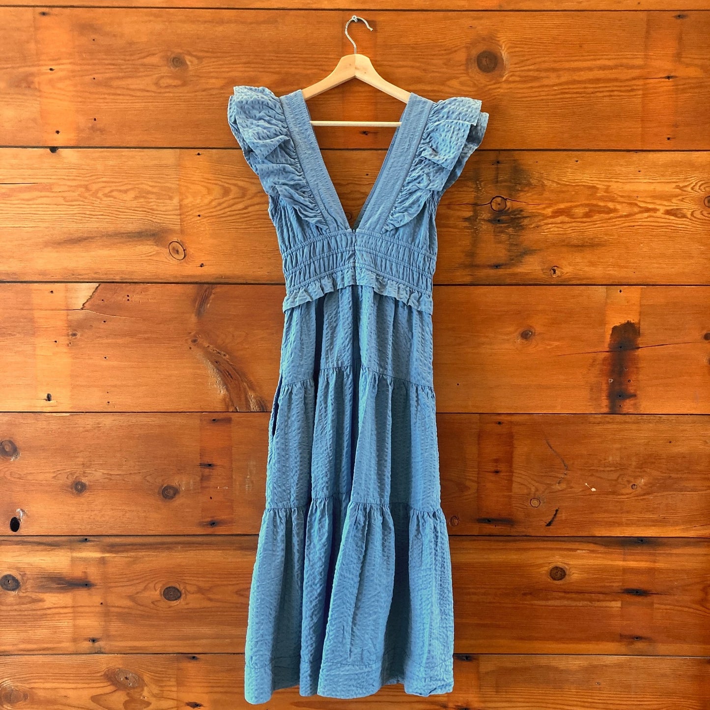 SEA Blue Plunging V-Neck Loren Cambric Flutter Sleeve Dress - Size S - 0411SZ