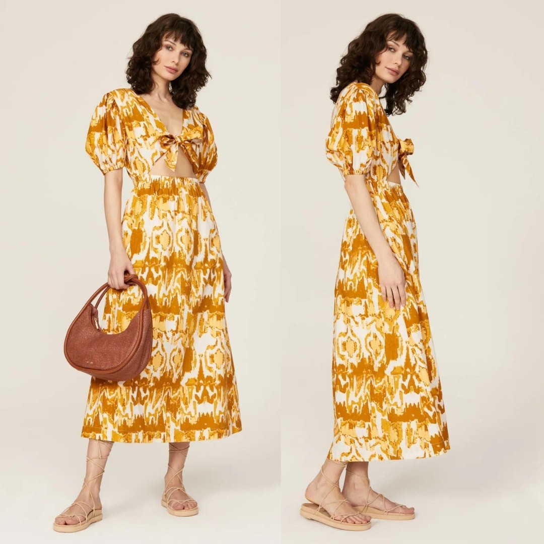 M - Cleobella $258 Yellow Watercolor Ikat Sadie Maxi Length Dress NEW 0924CA