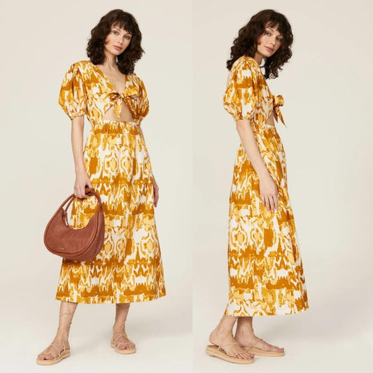 M - Cleobella $258 Yellow Watercolor Ikat Sadie Maxi Length Dress NEW 0924CA