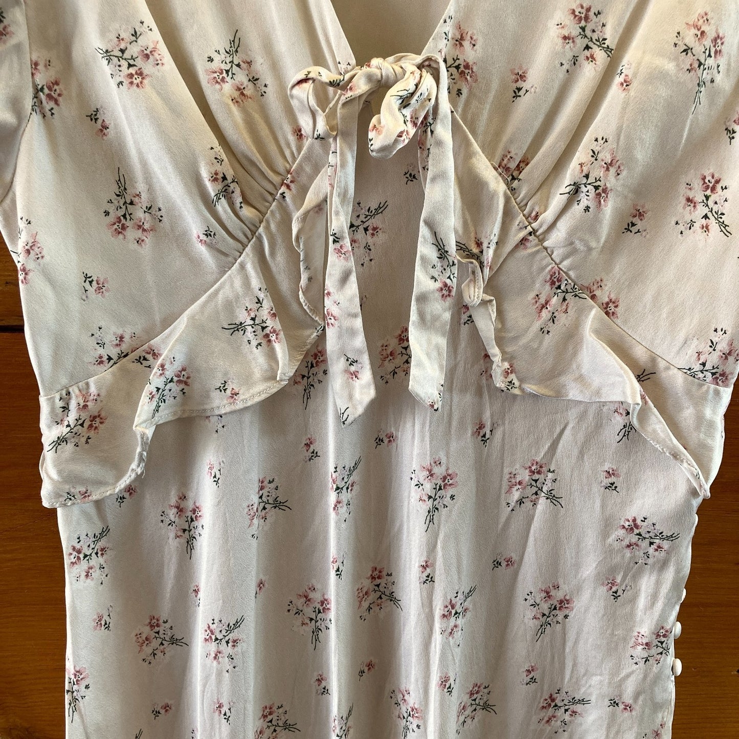 Love Shack Fancy White Floral Silk V-Neck Short Sleeve Dress - Size 8 - 1011SC