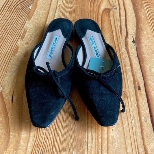 Manolo Blahnik Black Suede Almond Toe Ballerimu Shoes - Sz 38.5 / 8 - 0422VS