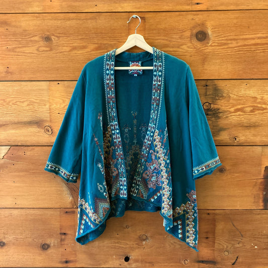 Johnny Was Teal Embroidered Open Front Cardigan Sweatshirt - Size M - 0621AS