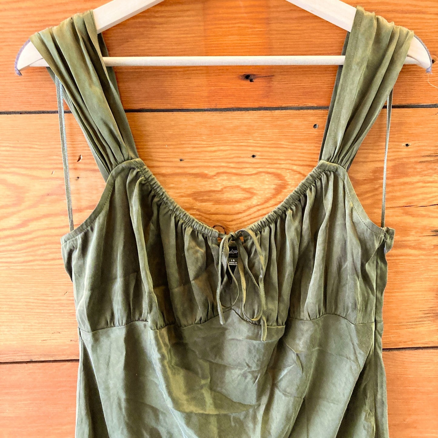 10 - Madewell $128 Olive Green Satin Square Neck Midi Length Dress NEW 0531AF