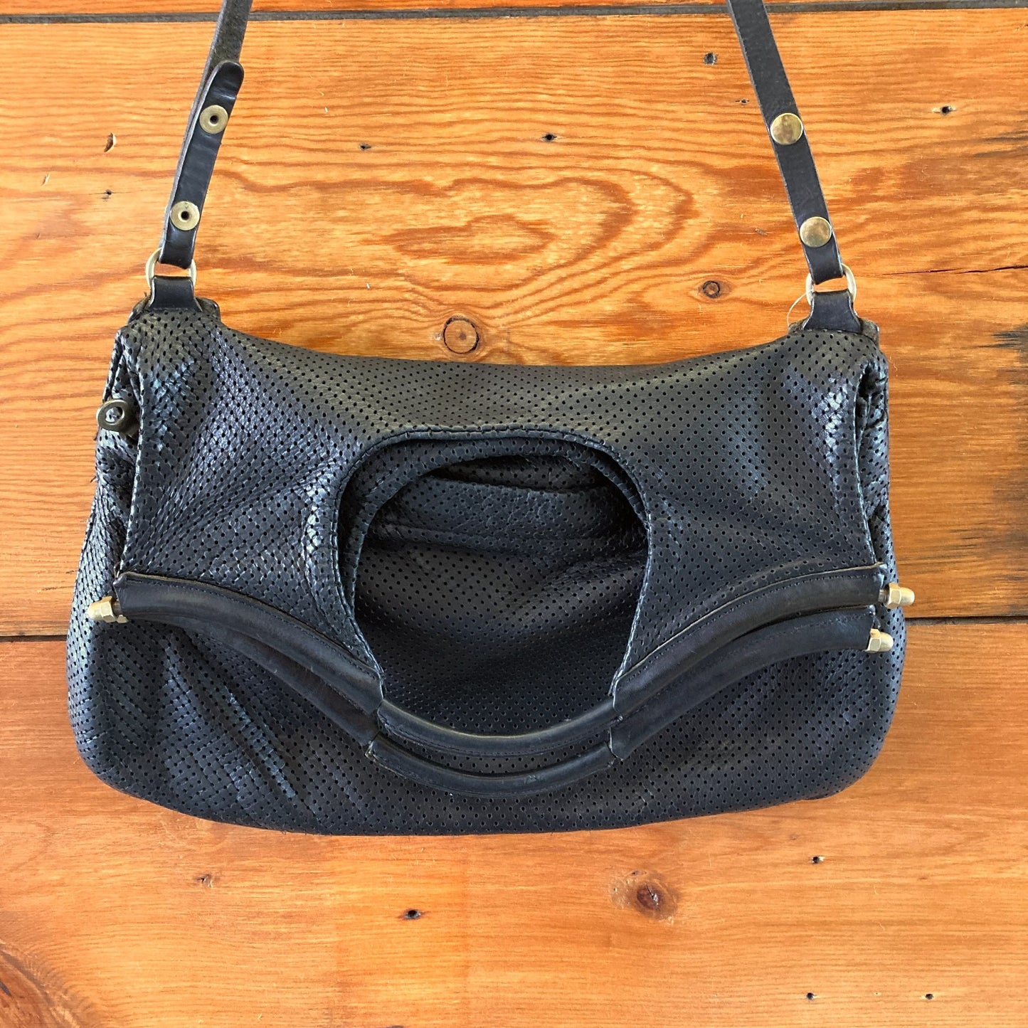 JAS M.B. London Black Perforated Leather Foldover Shoulder Purse - 0904NF