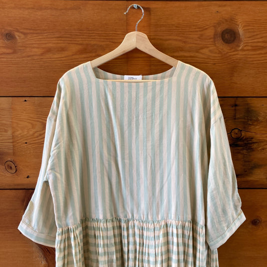 M - Runaway Bicycle Tan & Green Striped 3/4 Sleeve Silk Cotton Dress 0416JW