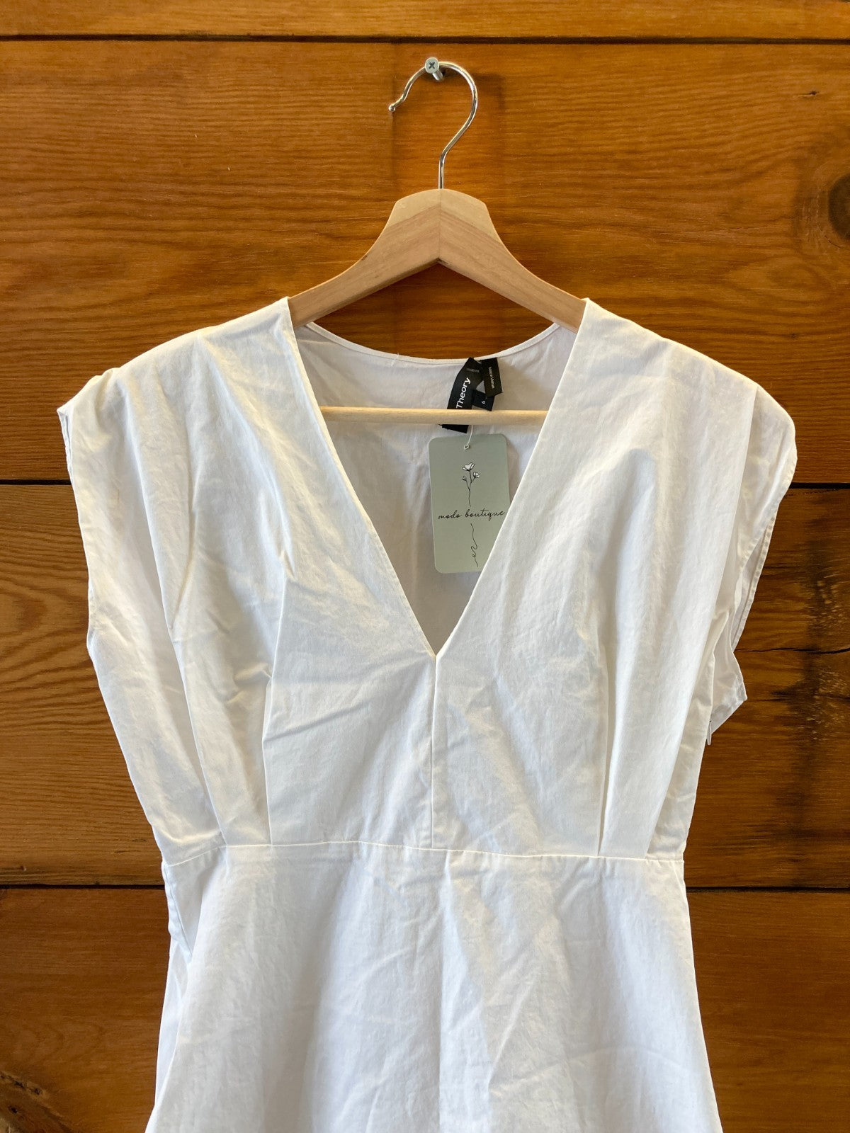 Theory White Stretch Cotton Deep V Easy Midi Length Dress - Size 6 - 0617RF