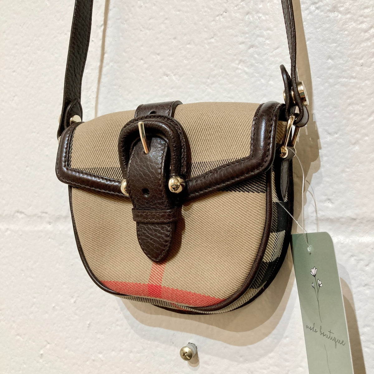 Burberry Nova Check Dark Brown Leather Piped Mini Crossbody Purse - 0210AM