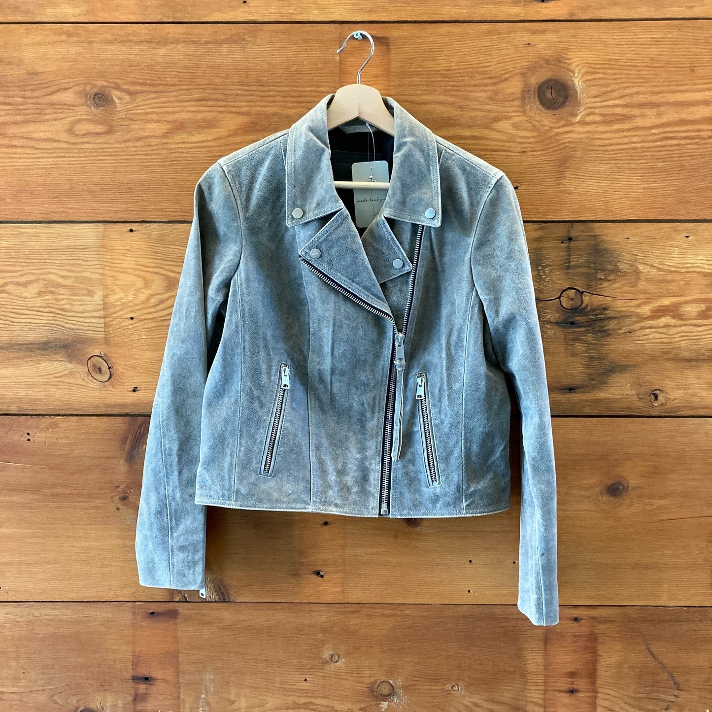 AllSaints Gray Neve Cracked Leather Asymmetric Biker Jacket - Size 8 - 0320HJ