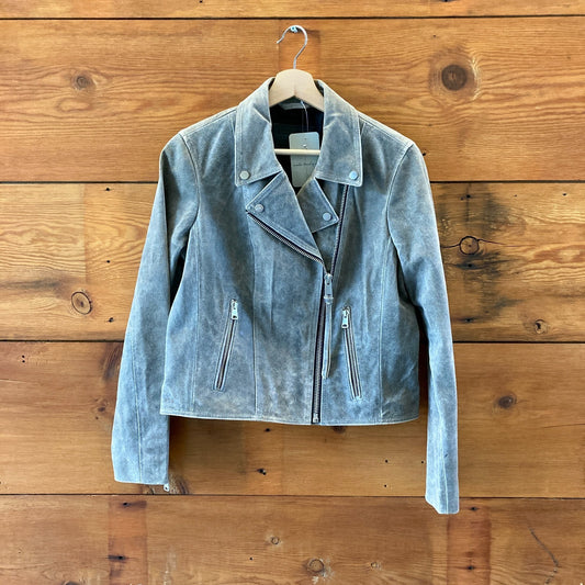 AllSaints Gray Neve Cracked Leather Asymmetric Biker Jacket - Size 8 - 0320HJ
