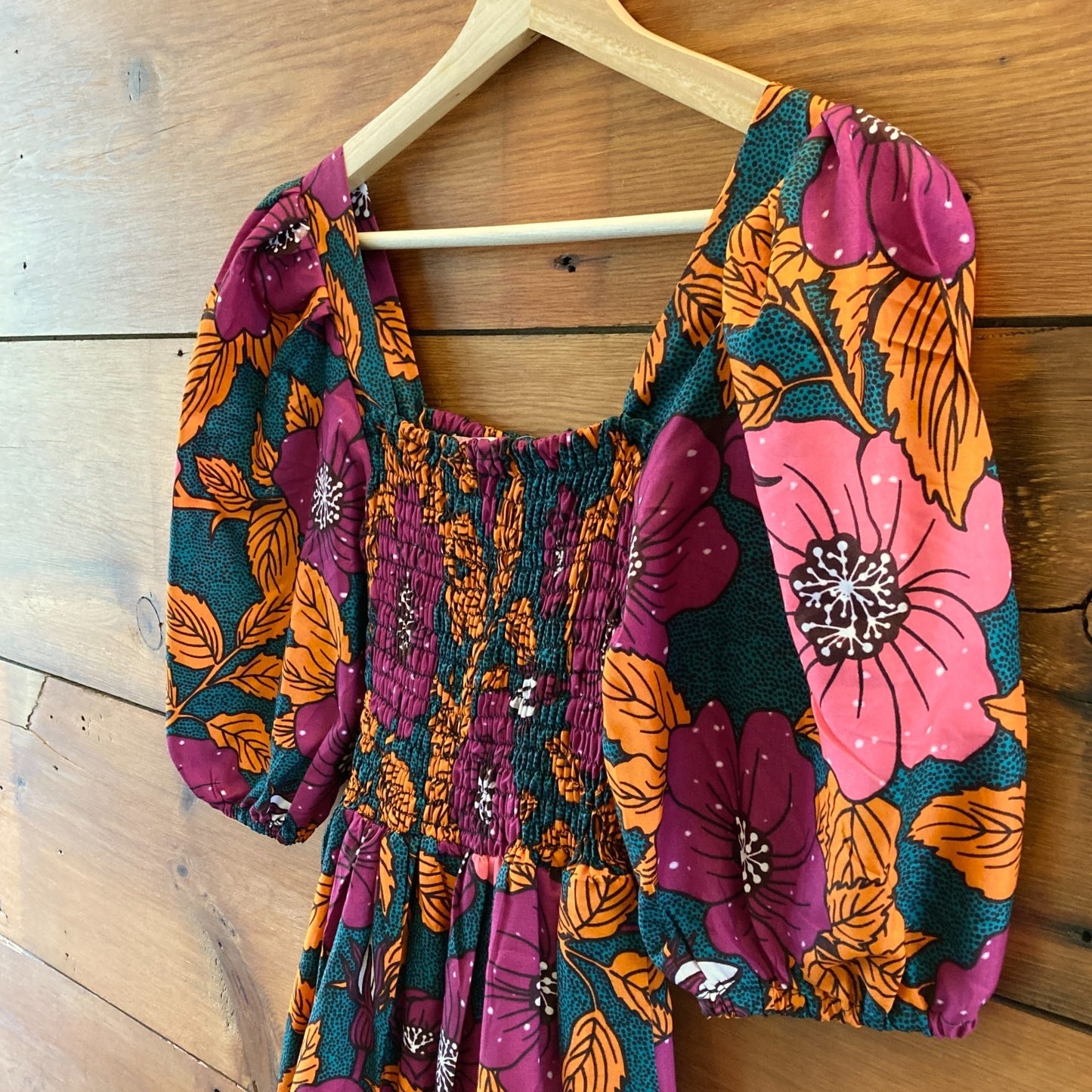 Elisamama Hibiscus Pink Green Floral Print Smocked Maxi Dress - Size S - 1103BW
