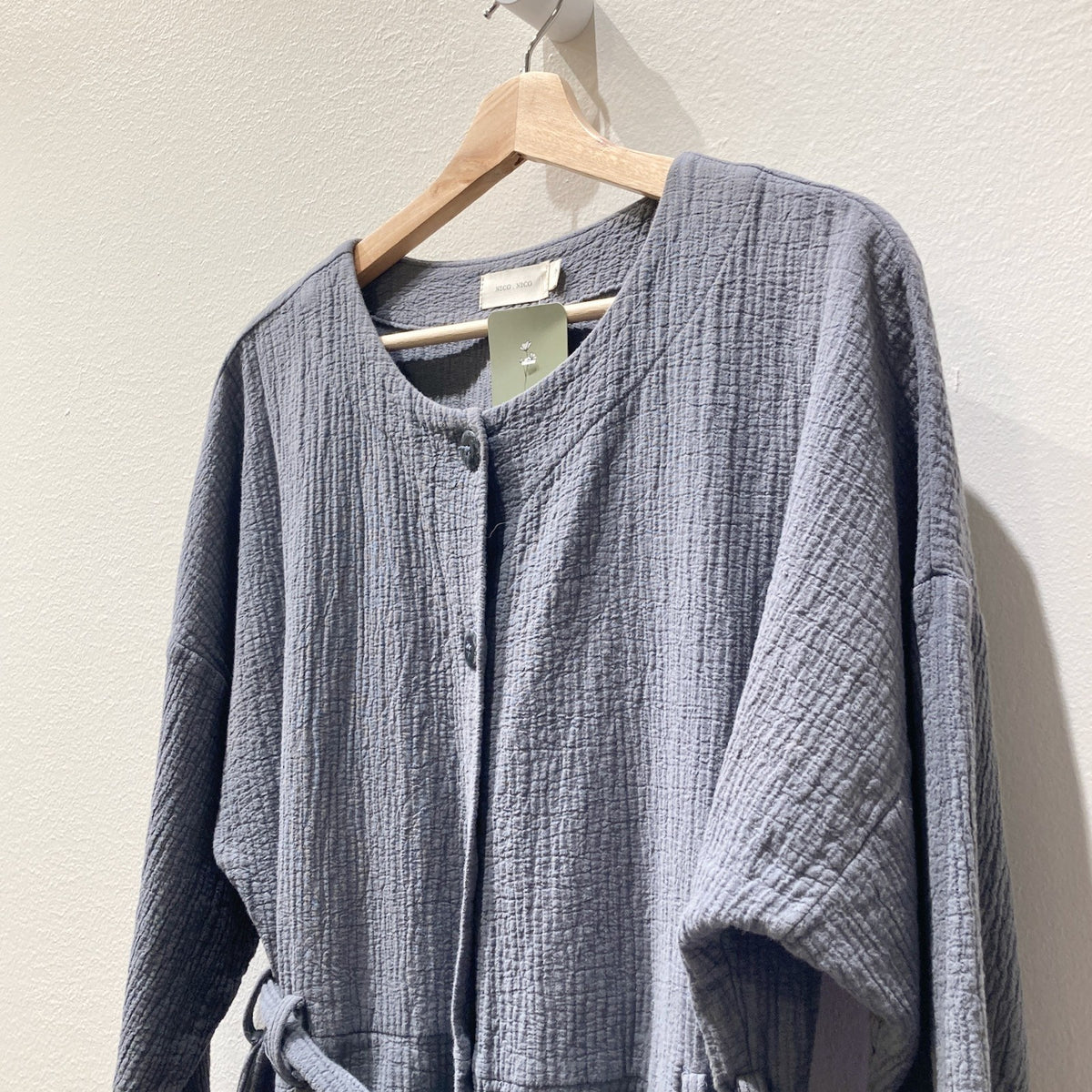 Nico Nico Blue Long Sleeve Textured Cotton belted Jumpsuit - Size L - 0715ES