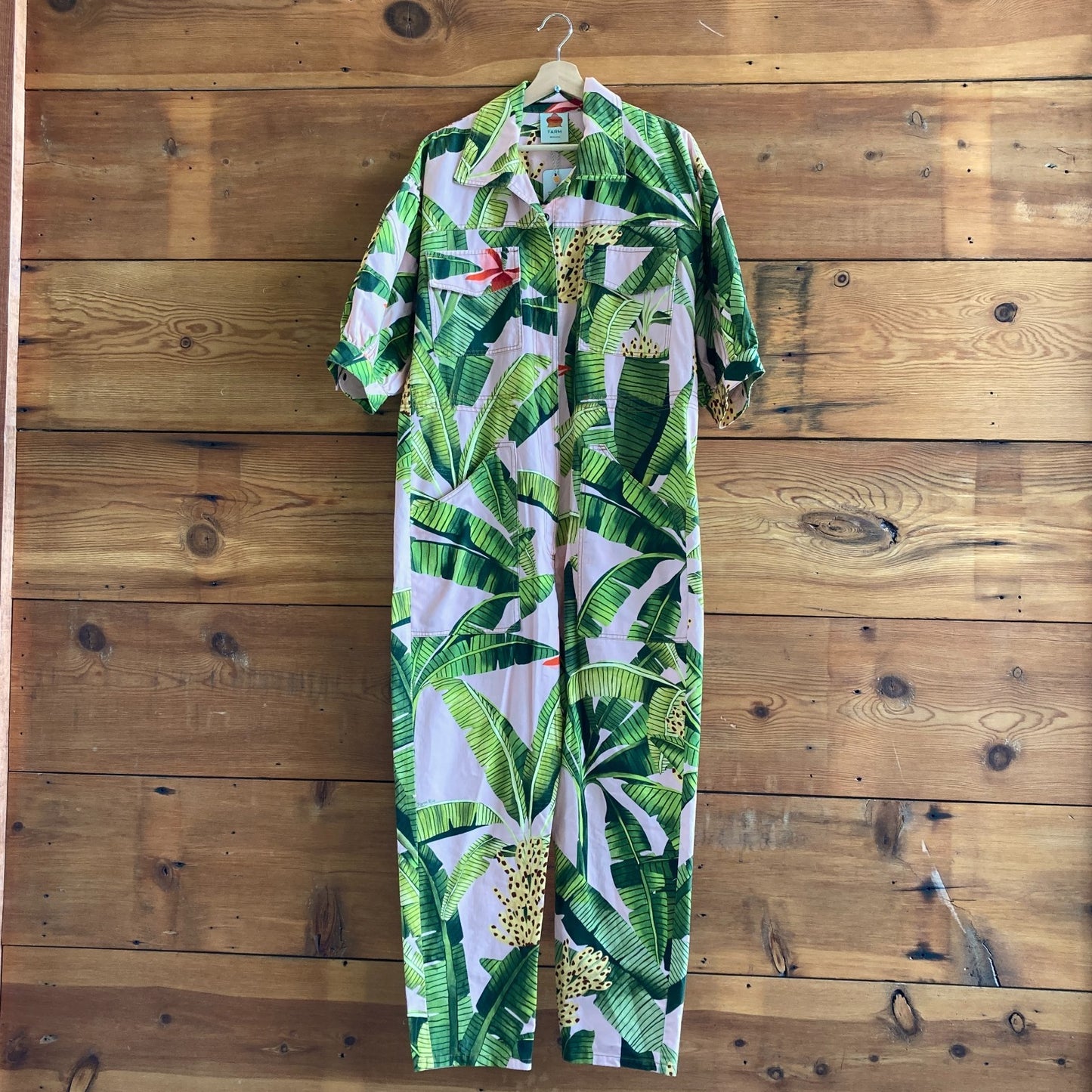 M - Farm Rio Pink Green NEW $285 Banana Leaves Snap Front Jumpsuit 1031LF
