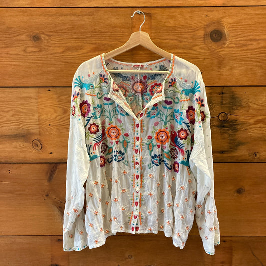 Johnny Was White Embroidered Floral Brady Button Down Boho Top - Size M - 0514CP