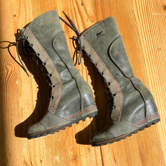 Sorel Gray Leather Joan Of Arctic Lace Up Wedge Tall Boots - Size 7 - 0224TP