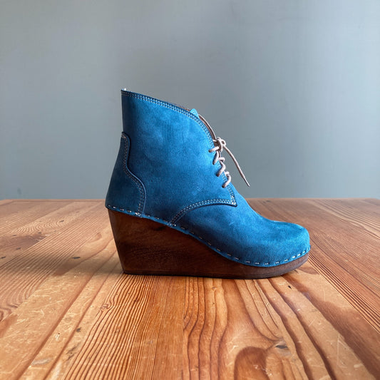 8 - Maguba Teal Leather Casablanca Wooden Wedge Boots Swedish Clogs 1120JM