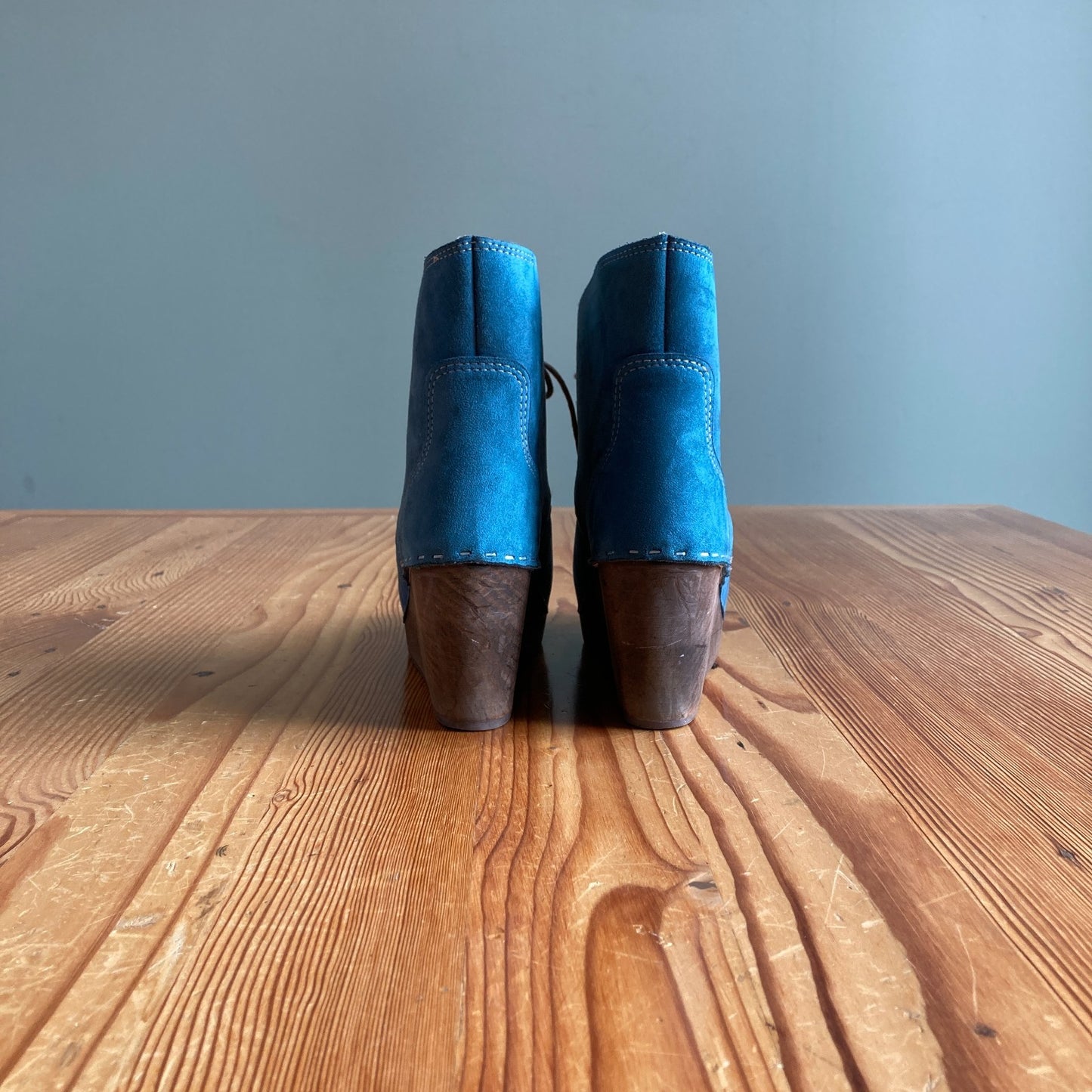 8 - Maguba Teal Leather Casablanca Wooden Wedge Boots Swedish Clogs 1120JM