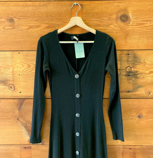 Reformation Black Ribbed Knit Long Sleeve Button Up Midi Dress - Size M - 0304HJ