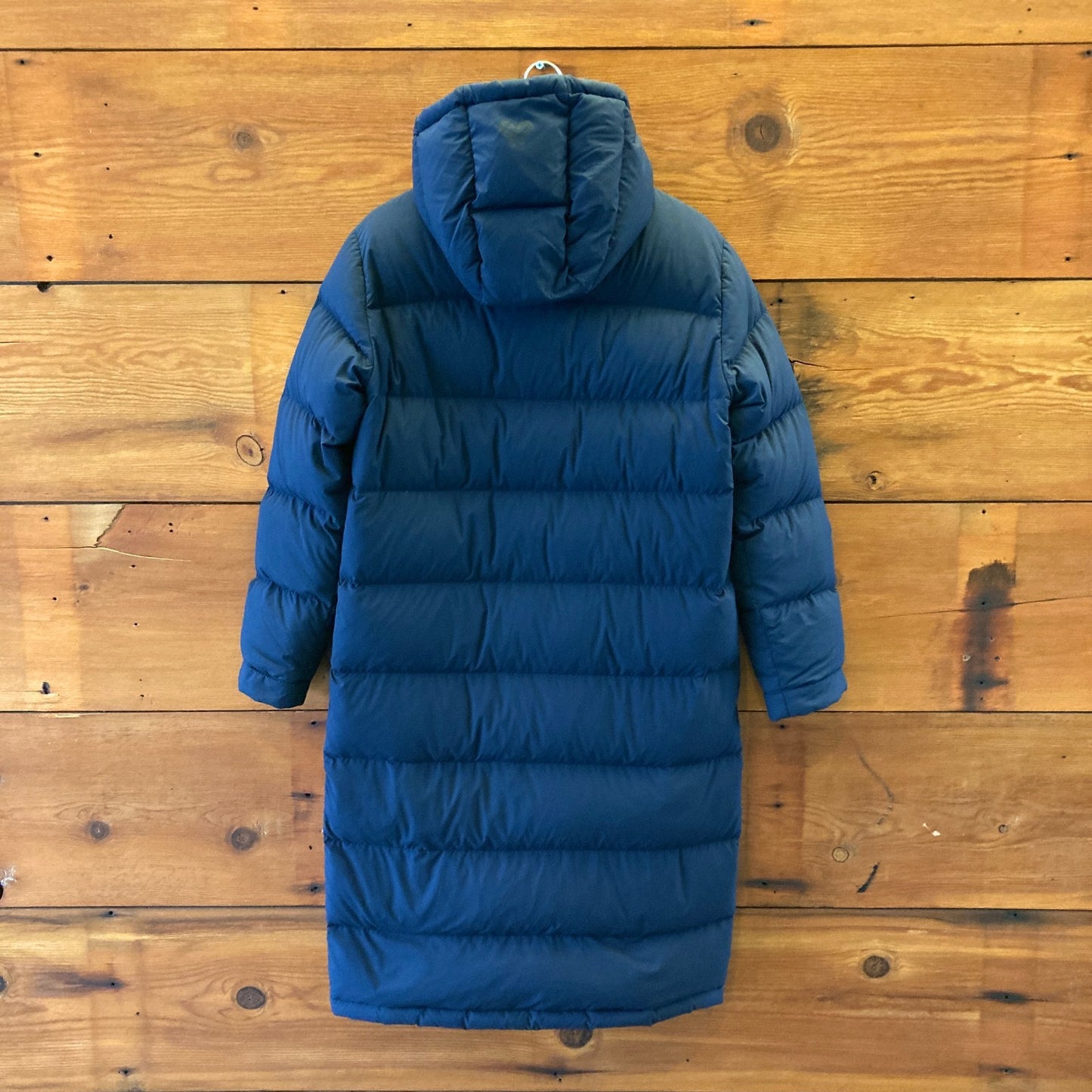 XS - TNA Aritzia Navy Blue Super Puff Long 700 Down Hooded Puffer Jacket 0518AF