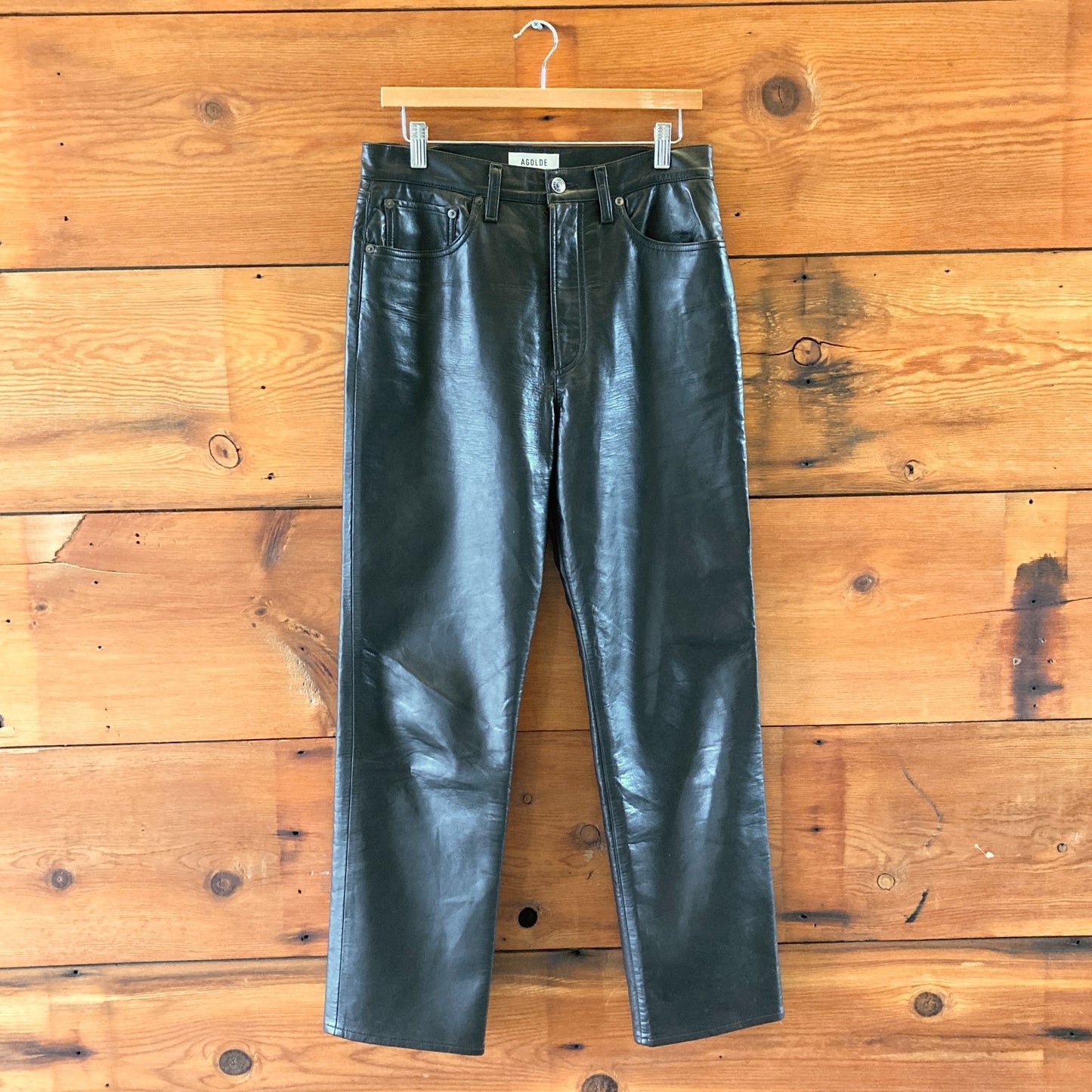28 - AGOLDE $350 Black Recycled Leather Blend 90's Pinch Waist Pants 1228SG