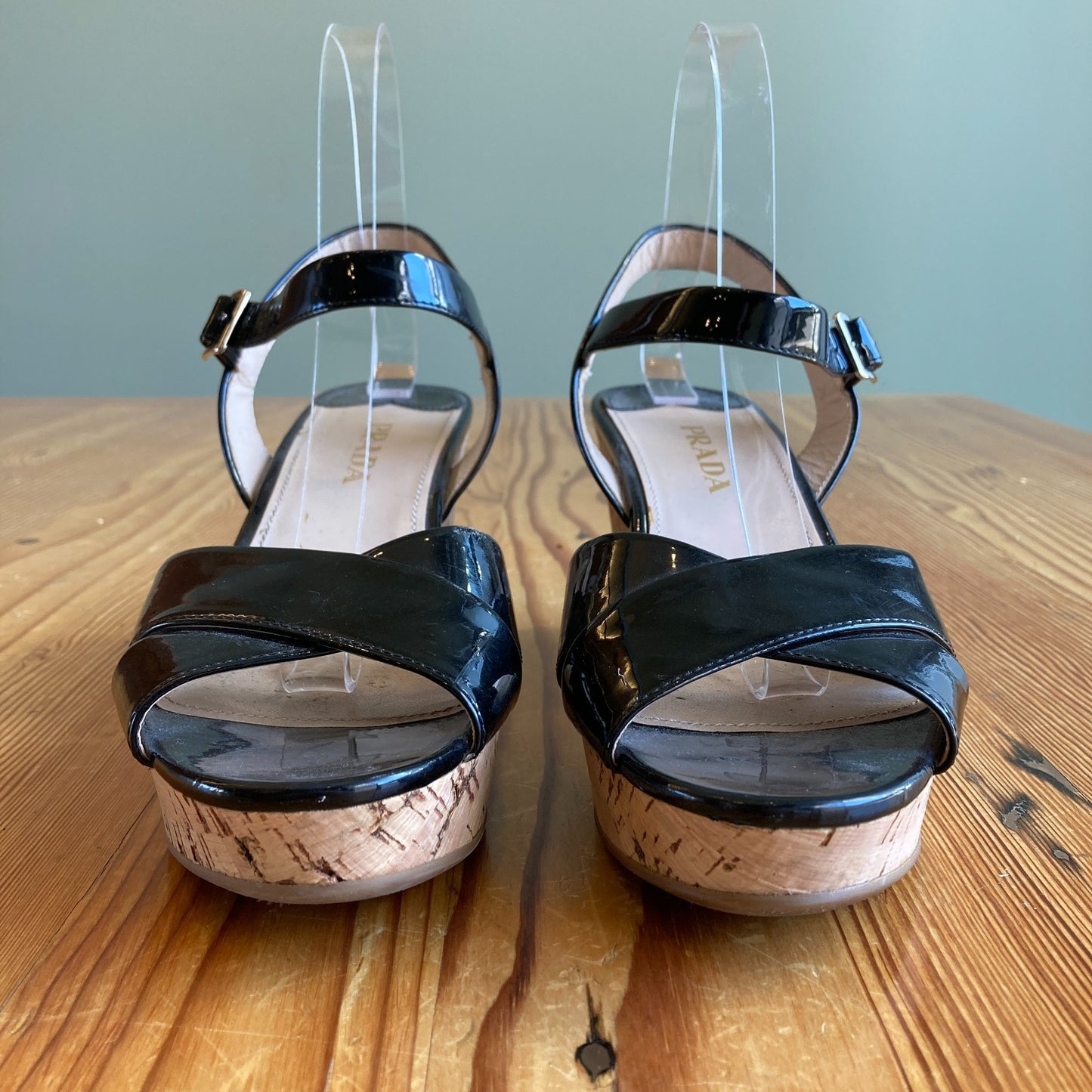 Prada Black Patent Vernice Wedge Ankle Strap Cork Sandals - Size 39 / 9 - 0926AD