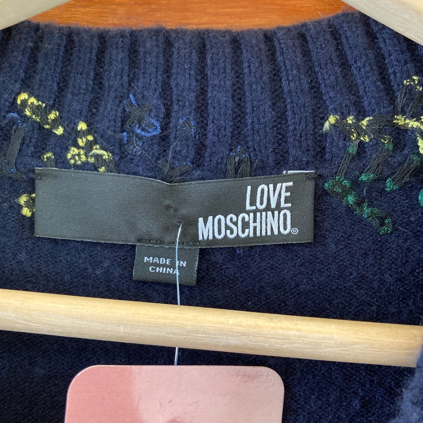 S - Love Moschino Navy Blue Wool Blend Embroidered V Neck Sweater Dress 0504AK
