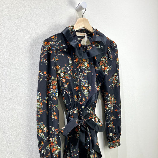 Tory Burch $798 Black Sacred Floral Ruffle Wrap Midi Dress - Sz 2 - NEW - 1017SC