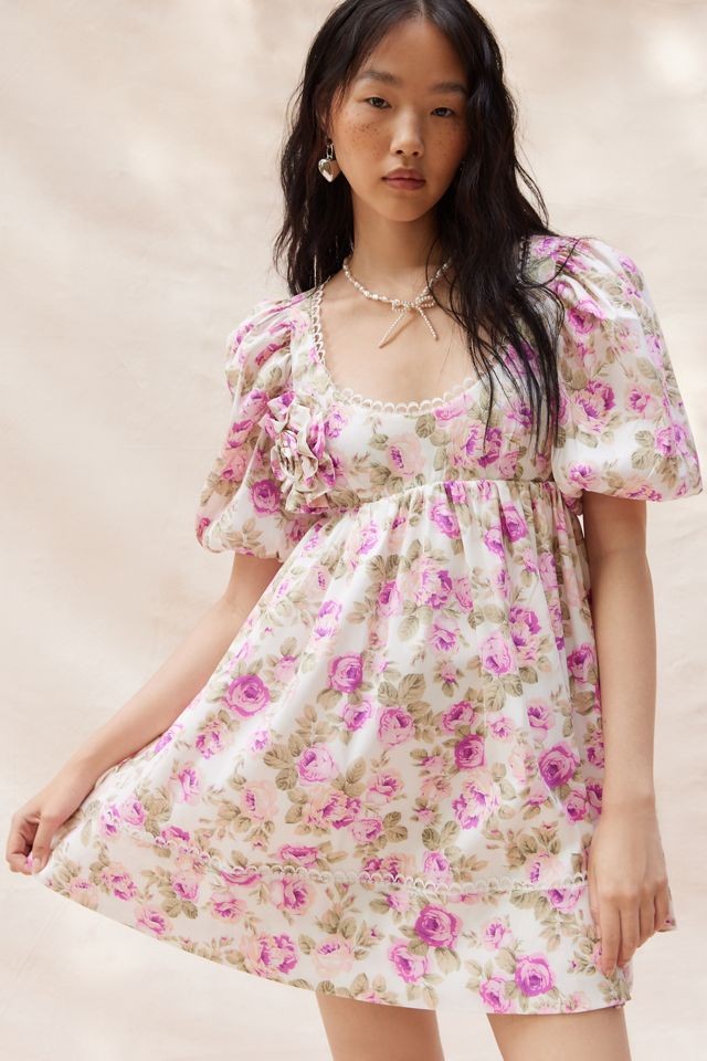 For Love & Lemons Pink Floral Milani Babydoll Mini Dress - Size L - 0521AB