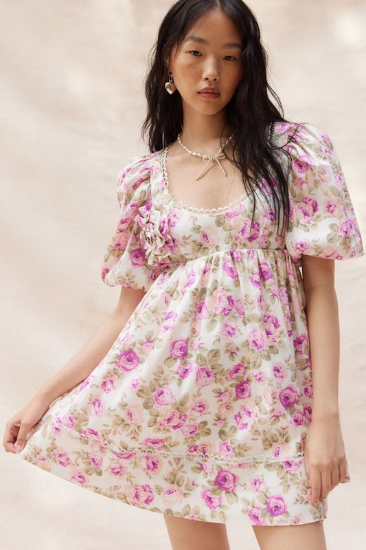 For Love & Lemons Pink Floral Milani Babydoll Mini Dress - Size L - 0521AB