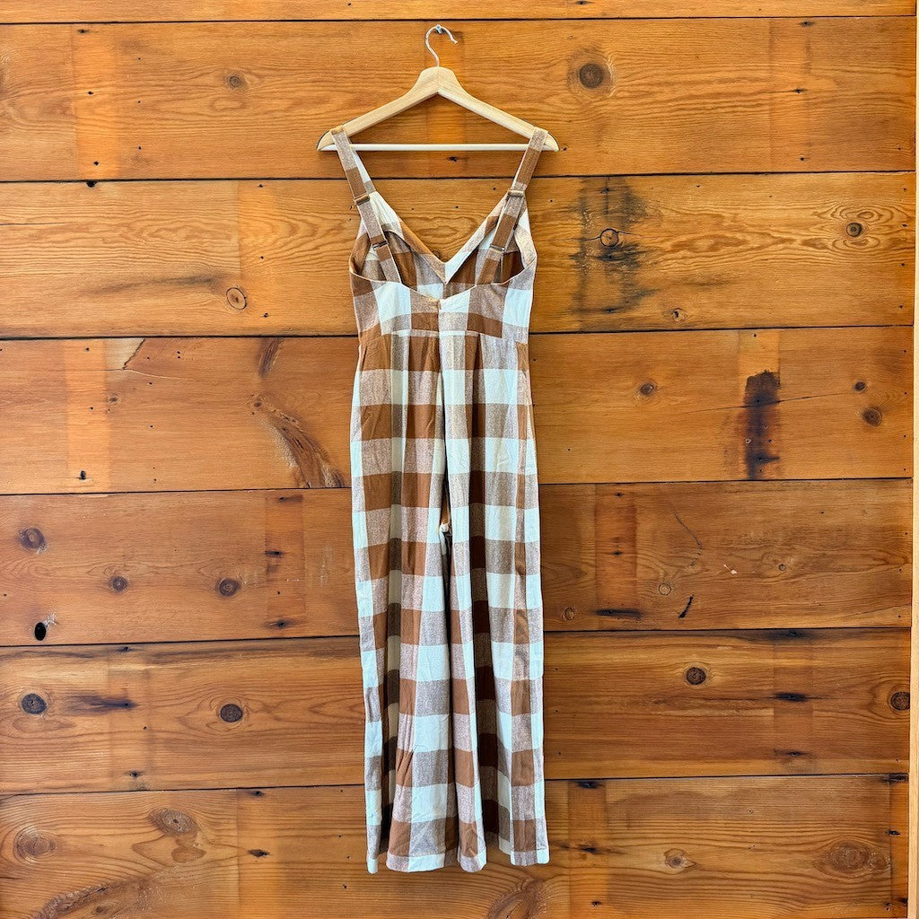 Ali Golden Brown White Gingham Raw Silk Fitted Jumpsuit - Size XS - 0312IG