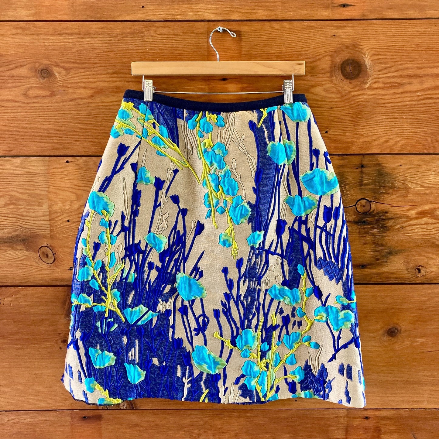 Odeeh Blue Beige Floral Jacquard Cloque Skirt - Size 42 / 10 US - 0721DK