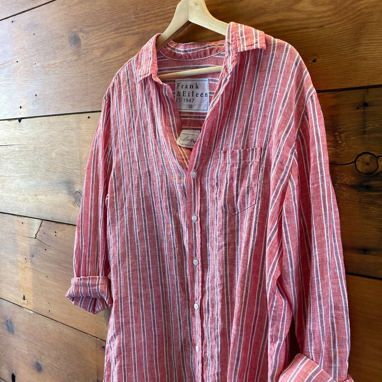 Frank & Eileen Red Striped Linen Button Up Mary Shirt Dress - Size M - 0413AT