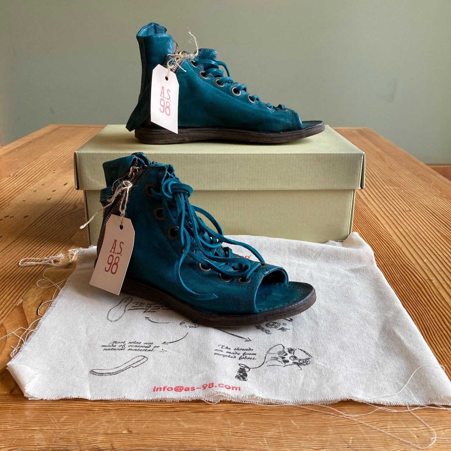 A.S.98 Regal Teal Lace Up Open Toe Sandals Boots NEW w/ Box - Size 39 - 0514CP
