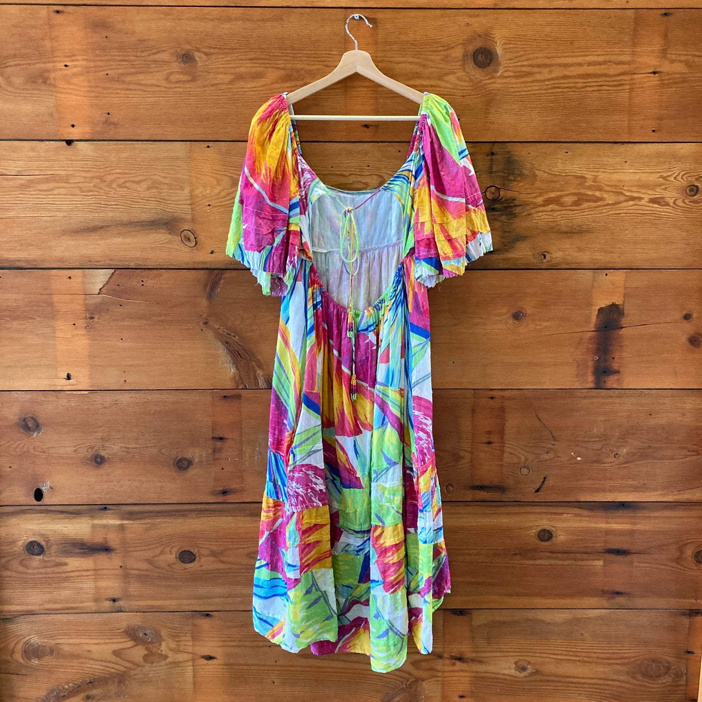 M - Farm Rio Multicolor Rainbow Leaves Print Open Back Midi Dress 1203TR