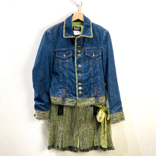 Dolce & Gabbana Y2K Tweed Denim Patchwork Jacket & Skirt Set - Size XS - 1015NE