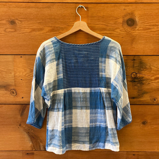Ace & Jig Blue Plaid Short Sleeve 100% Cotton 3/4 Sleeve Top - Size M - 0806JH