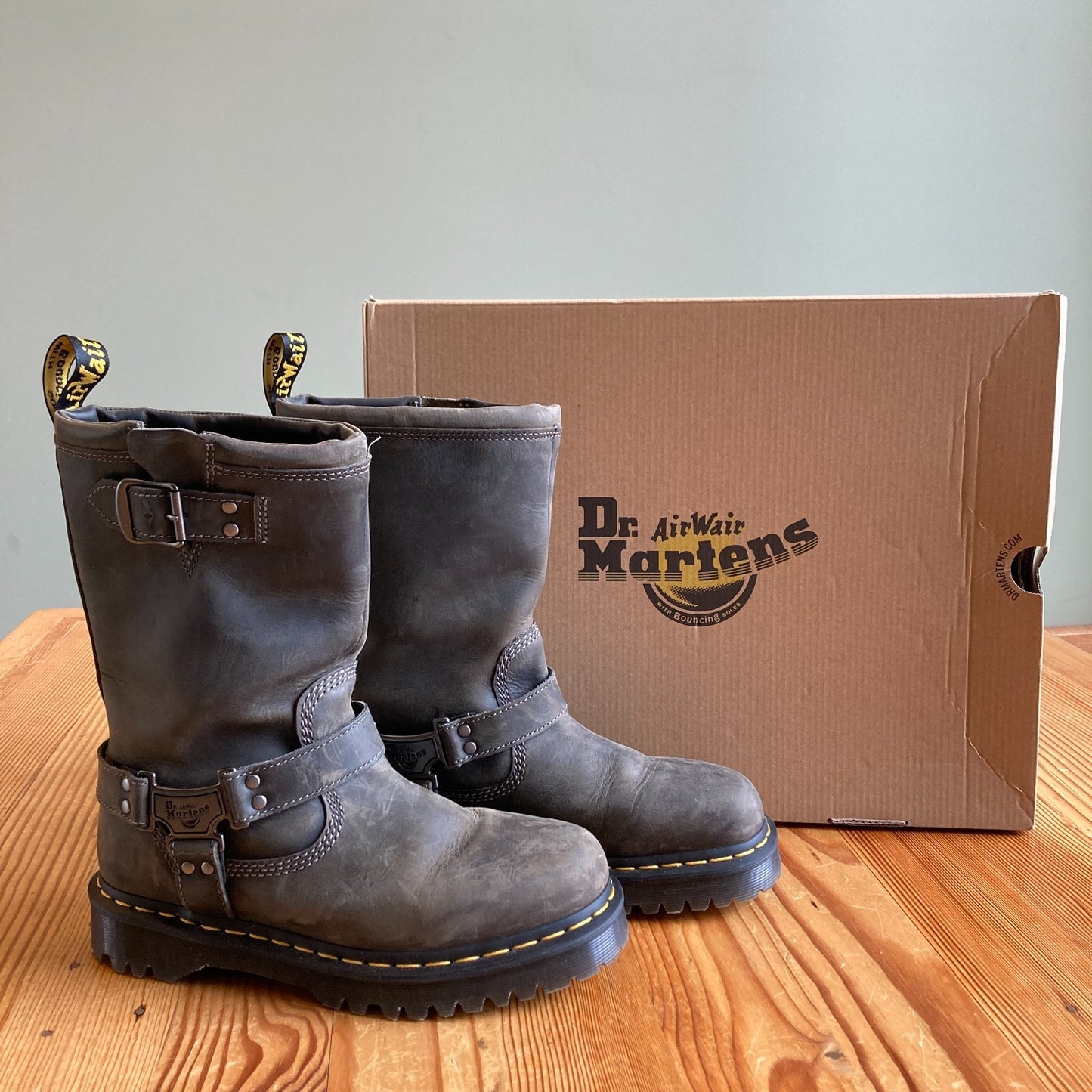 Dr Martens Charcoal Leather Anistone Biker Boots - Size 9 - NEW w/ Box - 0425SV