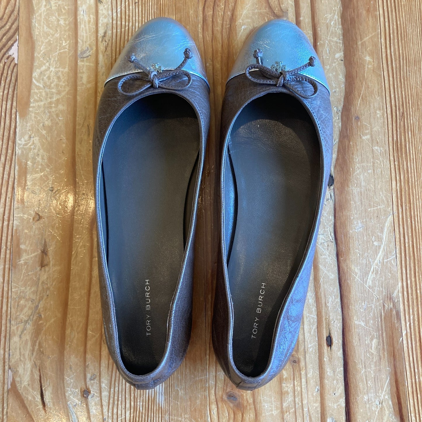 Tory Burch Brown & Silver Leather Capped Toe Flats Shoes - Size 10 - 0206BS