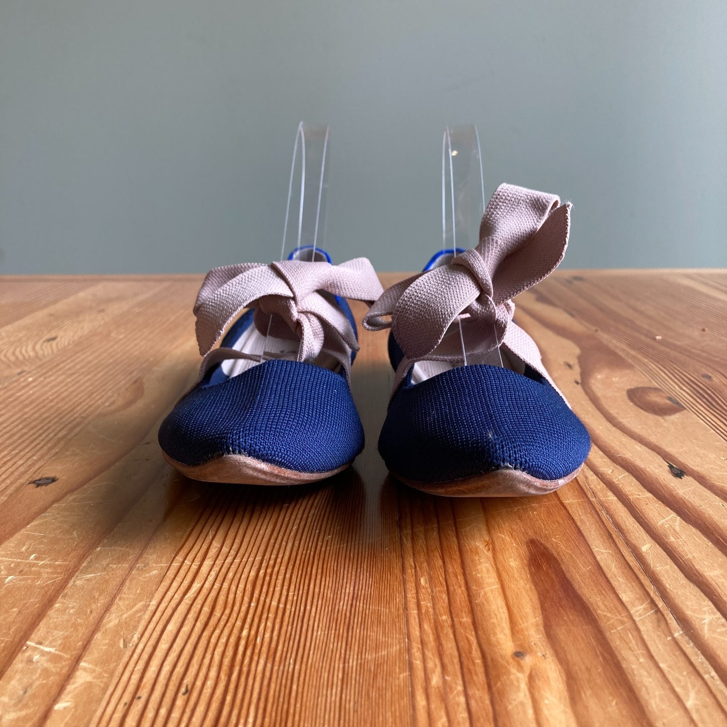 9 - Rothy's Navy Blue The Slip On Mary Jane Beige Bow Flats Shoes 0306CH