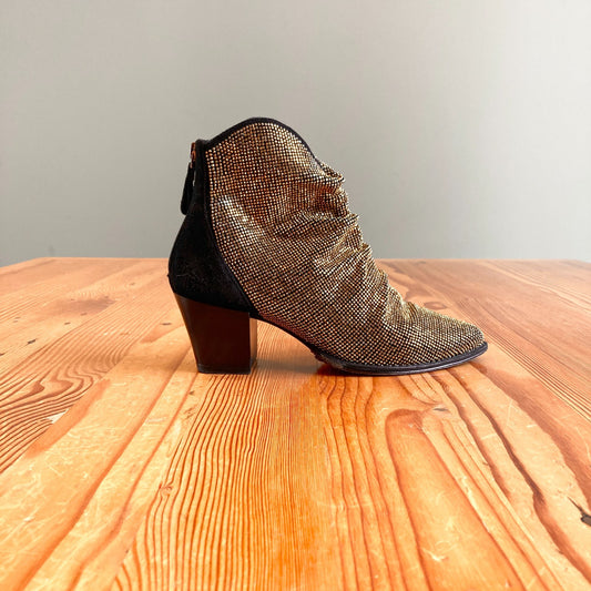 36.5 / 6-6.5 - Alexandre Birman Black & Gold Suede Jenny Booties w/ Box 0719JK