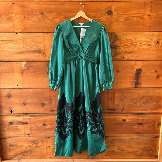 M - Nikasha Anthropologie NEW $260 Green Satin Embroidered Dress 0306CH