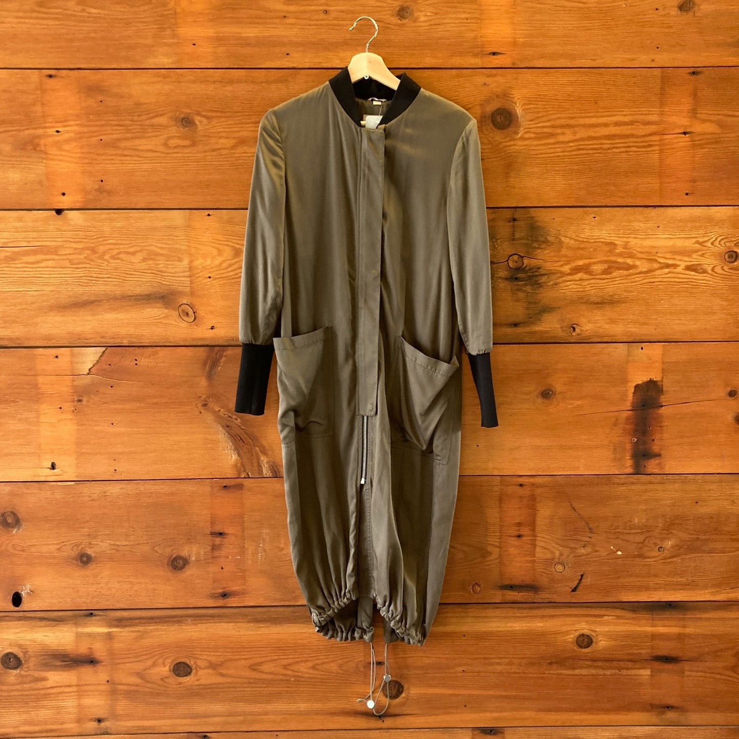 Soia & Kyo Olive Green Satin Bia Bonsai Long Bomber Jacket - Size XS - 1129CG