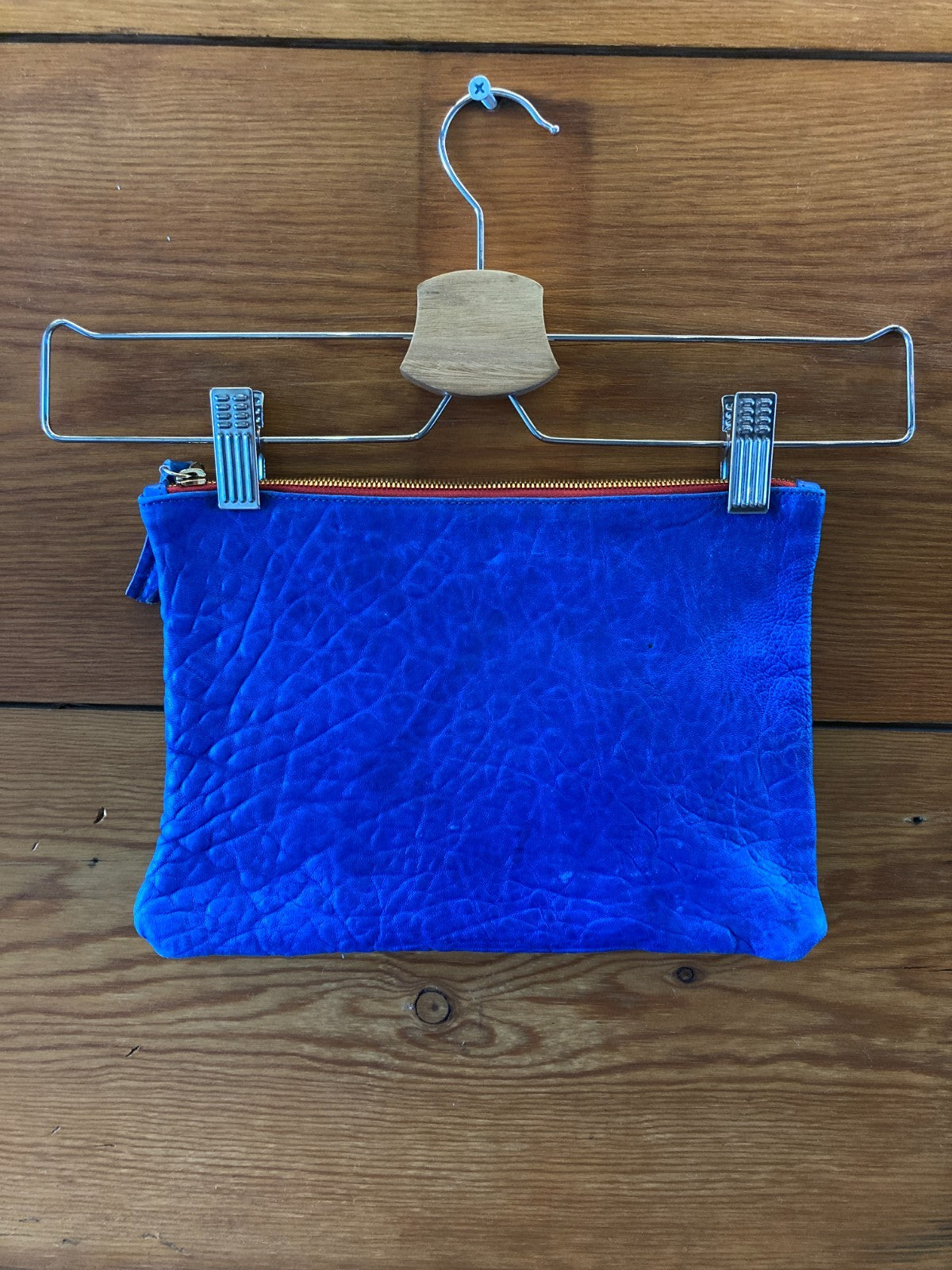 Clare V Electric Blue Textured Leather Red Zip Top Clutch Purse - 0425KN