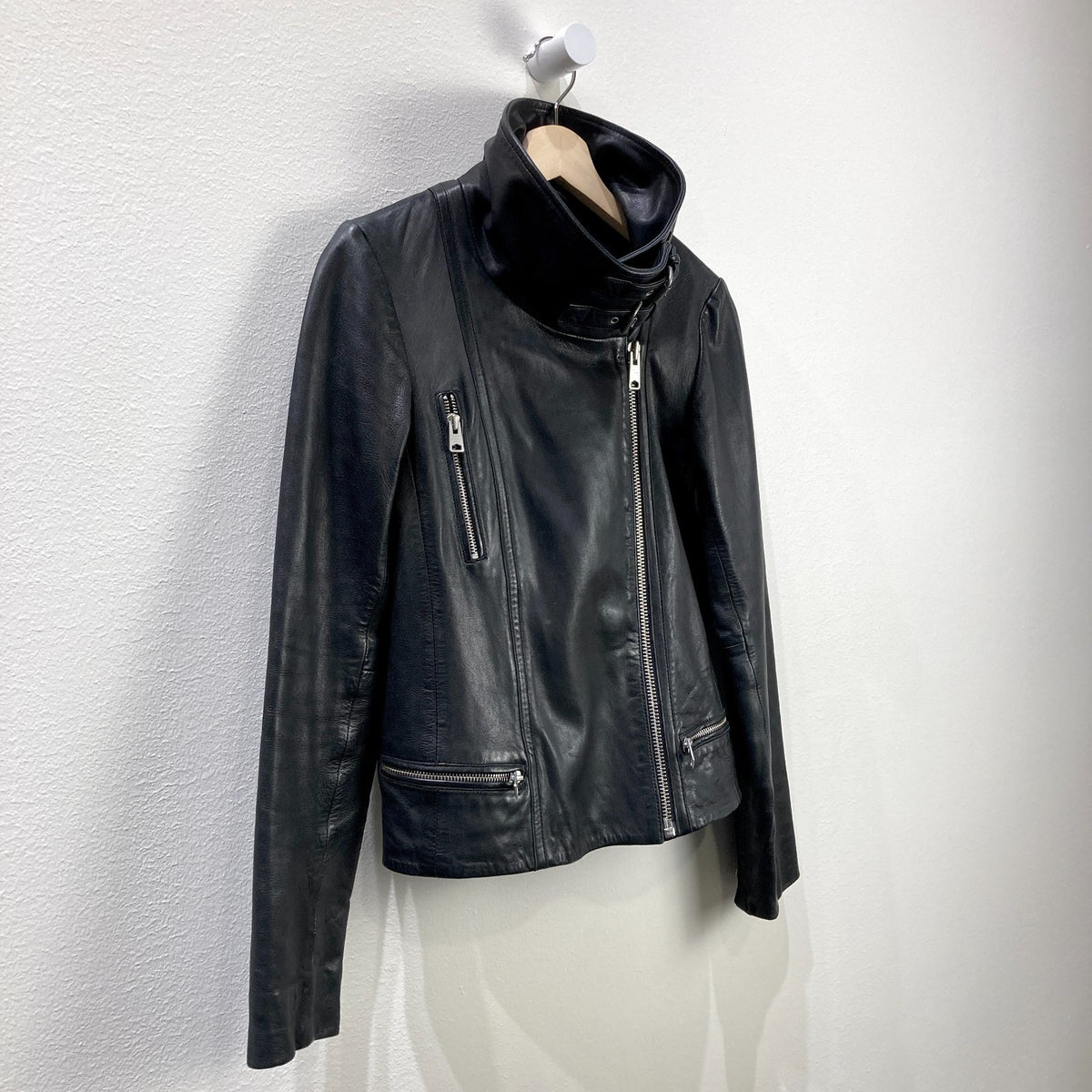 All Saints Black Leather Funnel Neck Bales Moto Biker Jacket - Size 4 - 0501JG