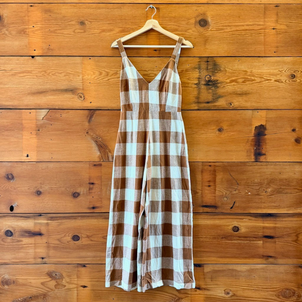 Ali Golden Brown White Gingham Raw Silk Fitted Jumpsuit - Size XS - 0312IG