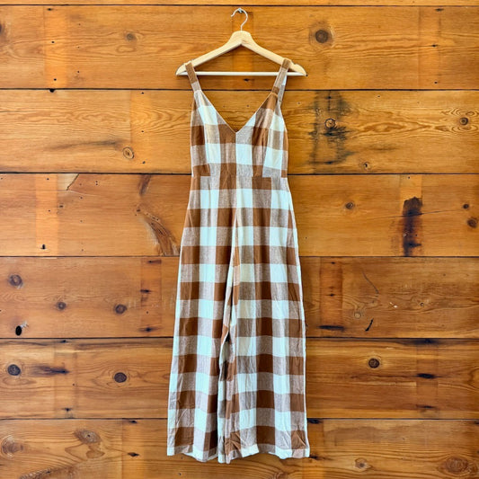 Ali Golden Brown White Gingham Raw Silk Fitted Jumpsuit - Size XS - 0312IG