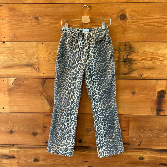 Ganni Leopard Print Betzy Cropped High Waist Jeans - Size 27 - 0312IG
