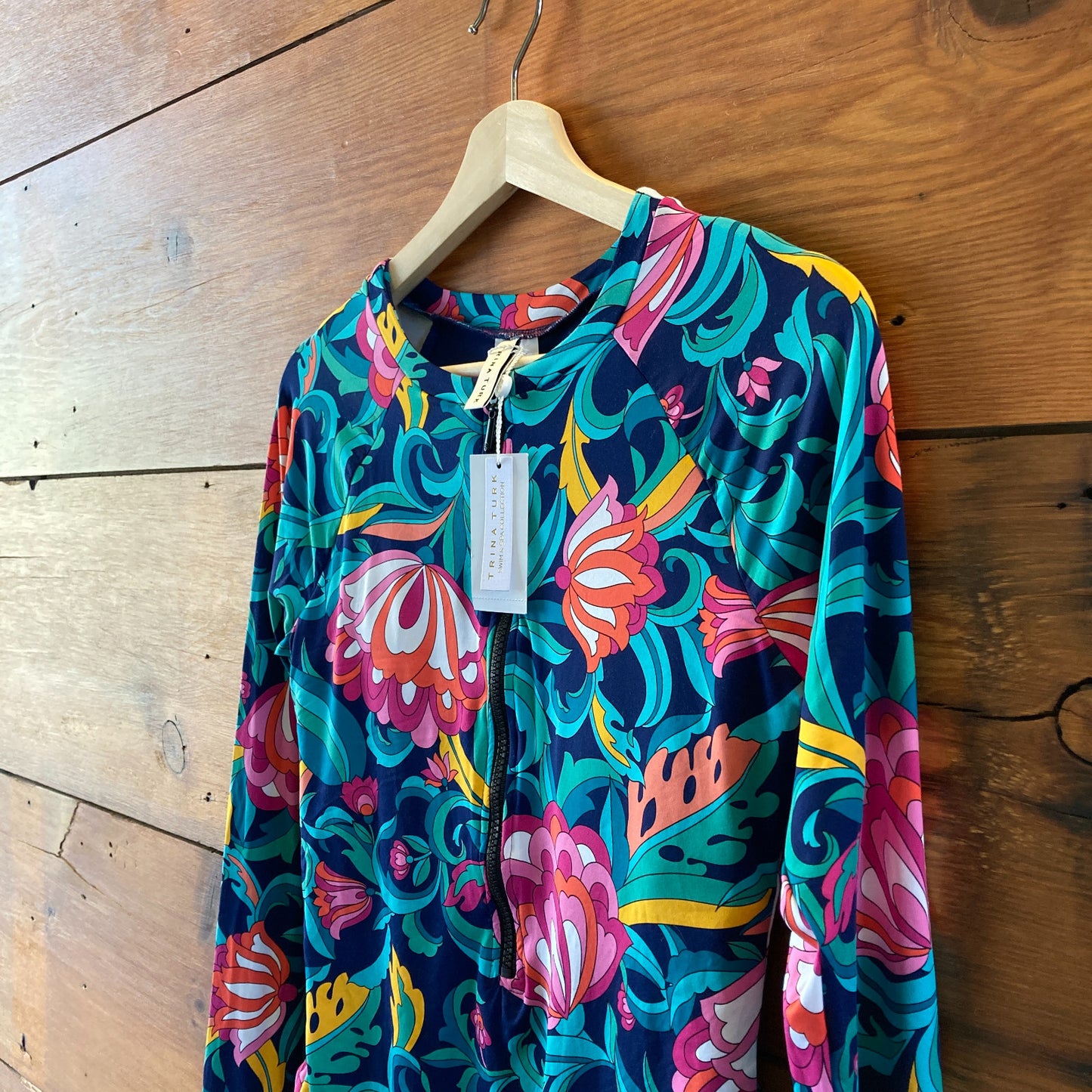 Trina Turk $172 India Garden Zip Front Rash Guard Swim Suit - Sz L NEW - 0106KA