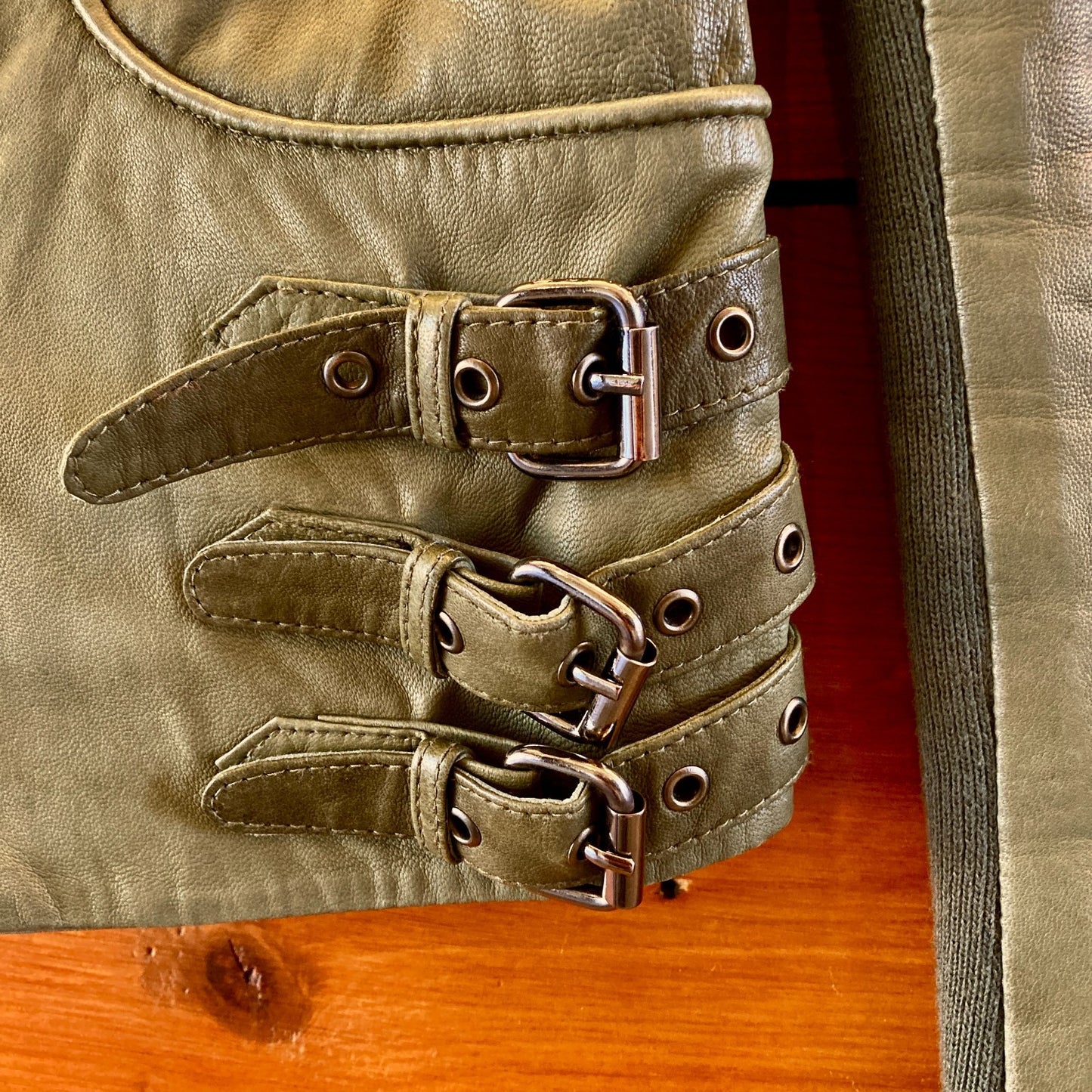 Doma Olive Green & Black Zip Up Moto Soft Leather Jacket - Size S - 0206SB