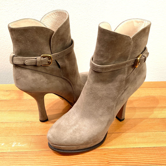 Prada Taupe Brown Suede Stiletto Heel Platform Ankle Boots - Sz 37 / 7 - 1017SC