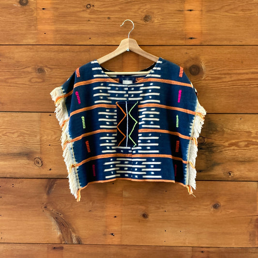 OS - Parker + Simonne Indigo Frayed Edge Boxy Fit Wide Neck Top 0707MU